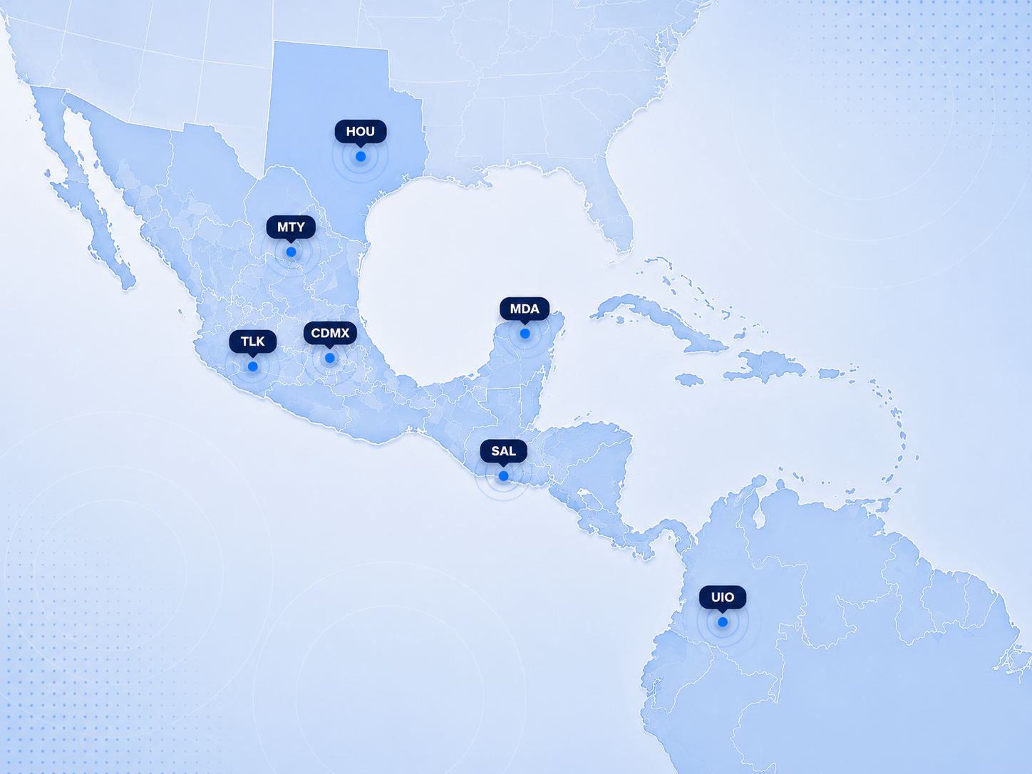 Mapa estilizado de cobertura regional de Farmasoma en Mexico, Centroamerica y Sudamerica